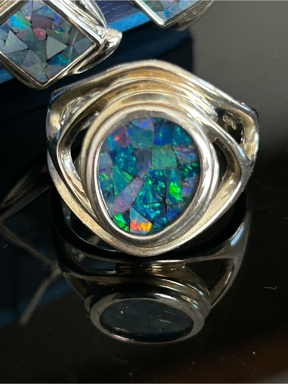 Vtg Whitney Kelly Sterling Silver 925 Blue Mosaic Opal Ring Size 8 Earrings set - Picture 8 of 12